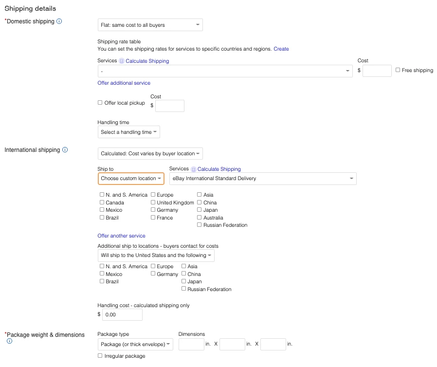 описание информации о доставке товара на ebay