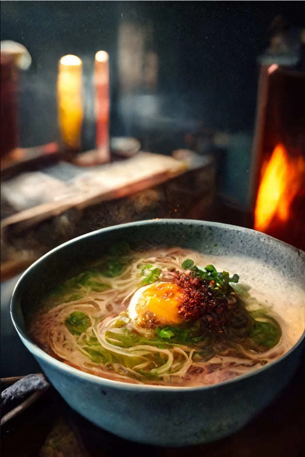 фотография дымящегося горячего рамена в миске на столе традиционного японского ресторана в Токио