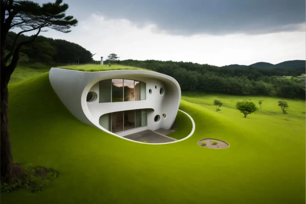 органический дом, встроенный в травянистый холм