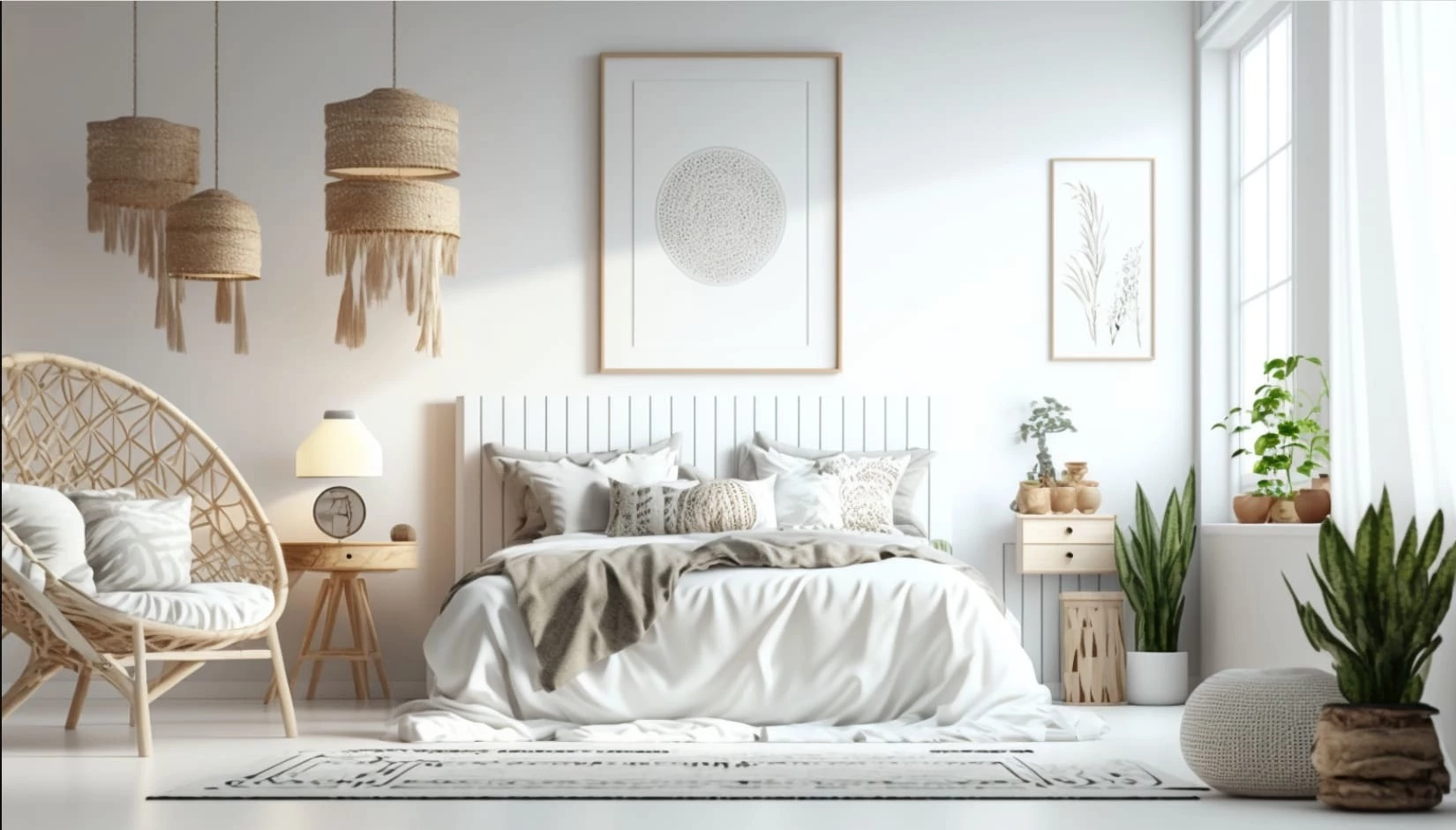 спальня в белой квартире с мебелью из натурального дерева