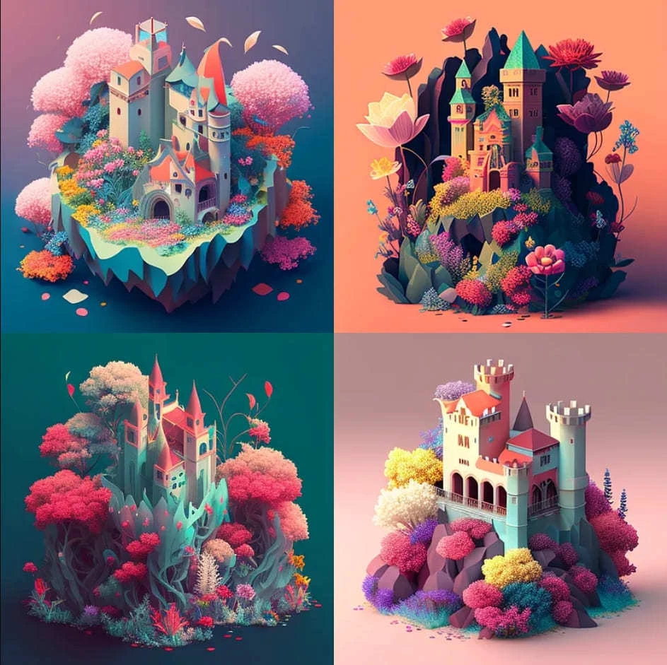 Изометрический замок из разноцветных цветов
