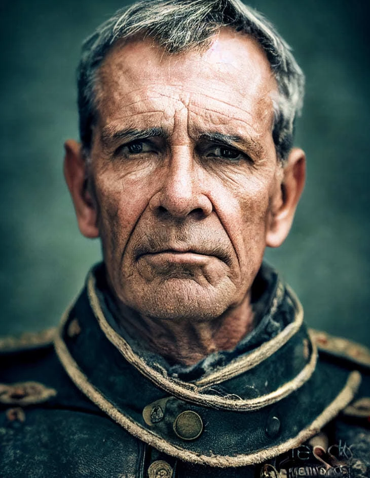 фотография крупным планом портрета 62-летнего сурового генерала, награжденного орденами