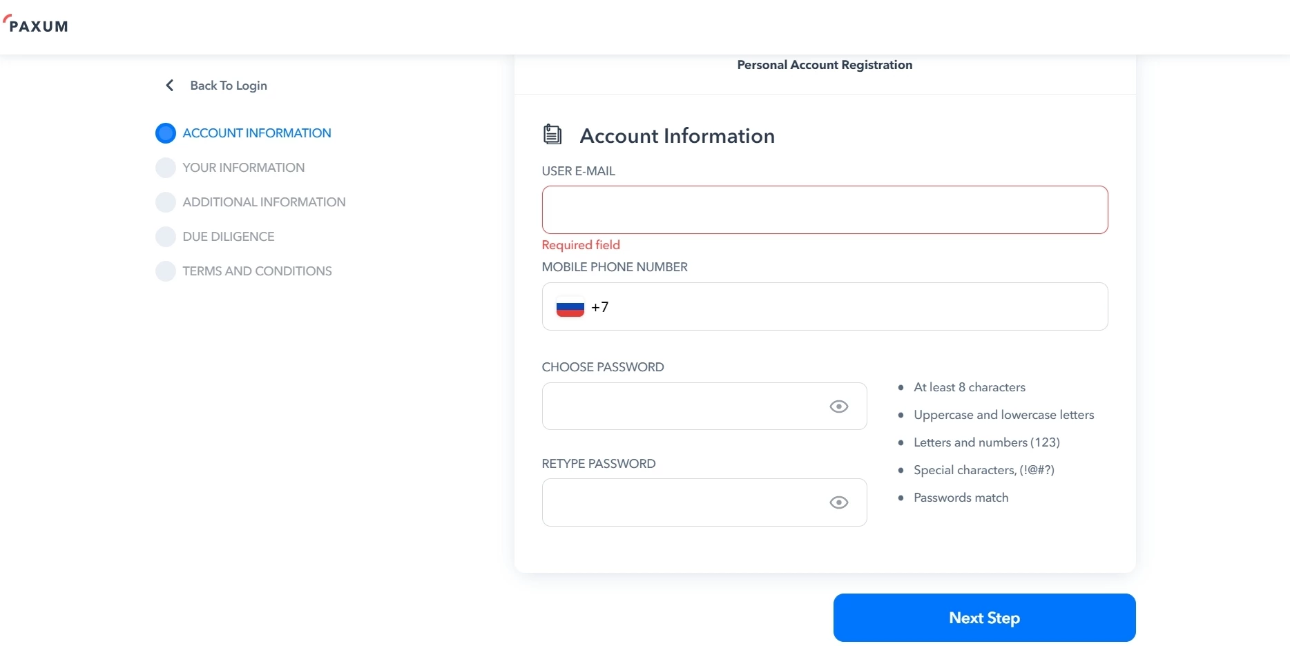 в первой форме регистрации паксум пользователь должен указать email и номер телефона