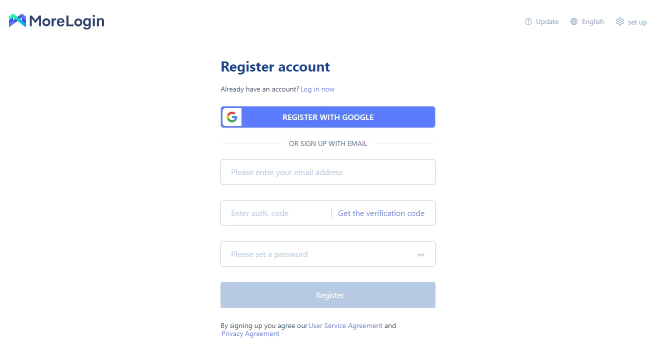 для регистрации на morelogin.com достаточно указать email и придумать пароль