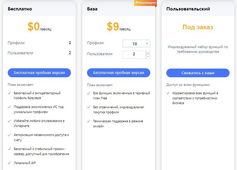 тарифная сетка morelogin.com невелика - здесь всего три тарифа, один из которых бесплатный