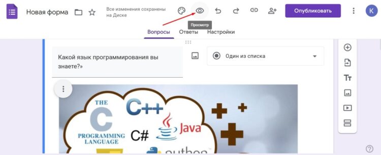 Предварительный просмотр созданного опроса