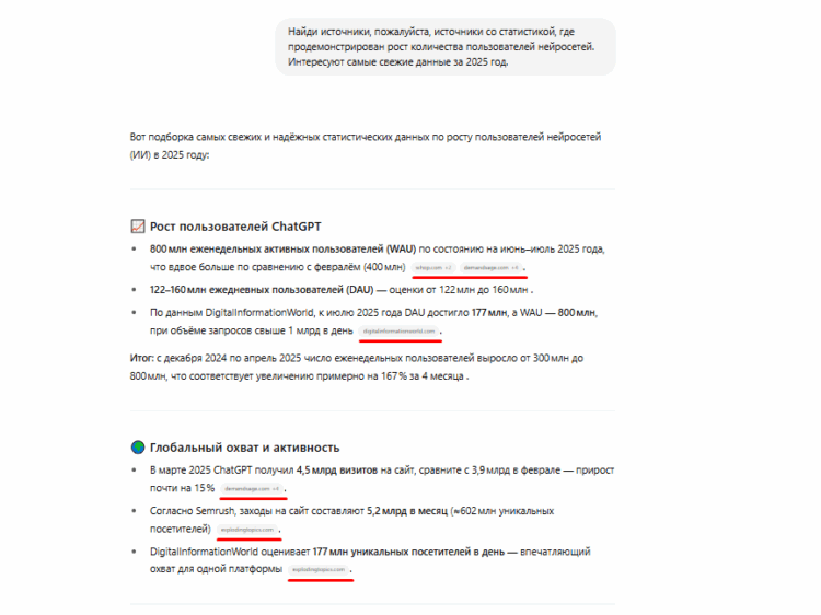 Ответ ChatGPT, для которого он использовал поиск в интернете