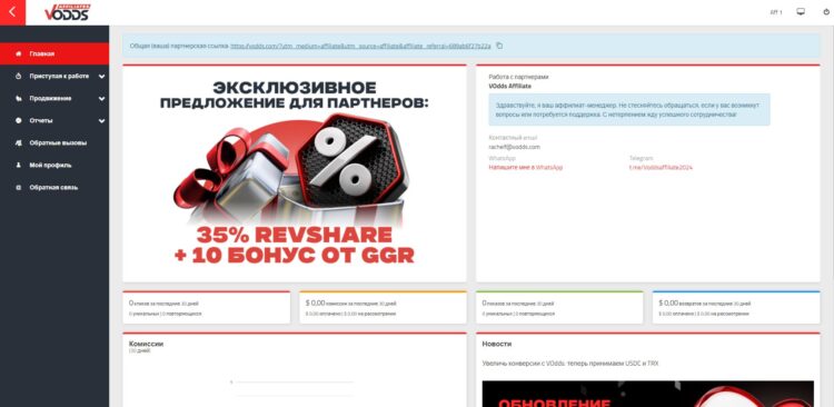 Так выглядит дашборд личного кабинета партнера