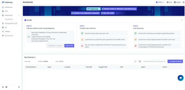 Так выглядит дашборд (главный раздел) в личном кабинете nstproxy.com