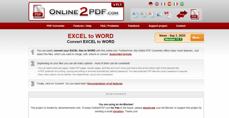 Online2PDF EXCEL to WORD