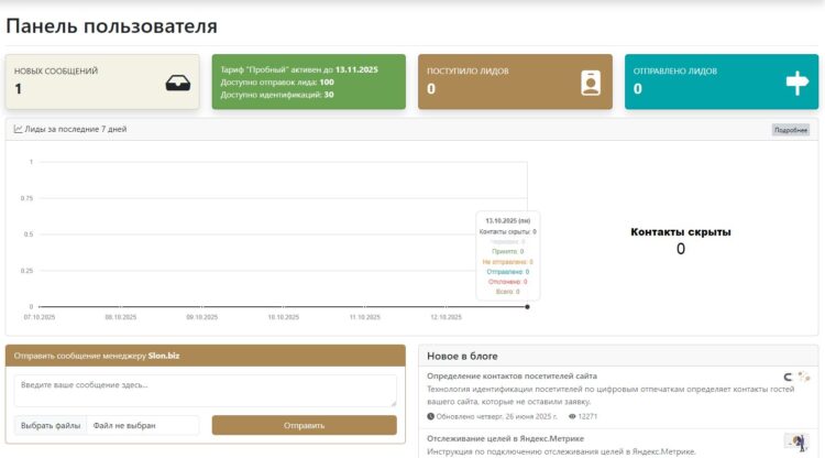 Панель пользователя SLON.BIZ в процессе работы будет выглядеть таким образом