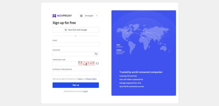 Форма регистрации для новых пользователей Novproxy.com