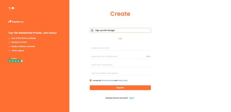 Форма регистрации для новых пользователей прокси поставщика Rapidproxy.io