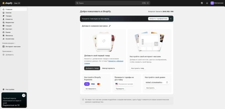 Так выглядит главный раздел личного кабинета shopify,com