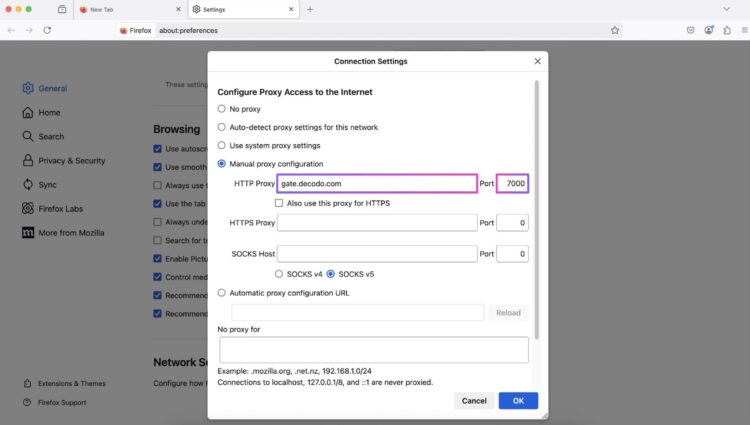 Настройка прокси в Firefox