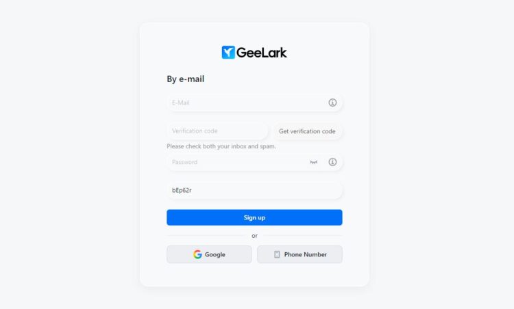 Форма регистрации для новых пользователей geelark.com