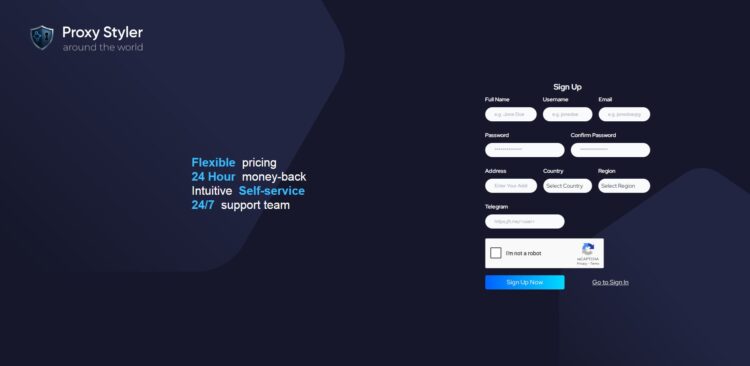 Форма регистрации для новых пользователей proxystyler.com