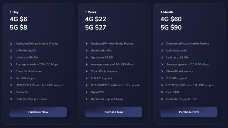 Актуальная сетка тарифов провайдера proxystyler.com