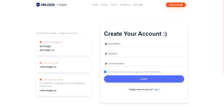Форма регистрации для новых пользователей vmlogin.us