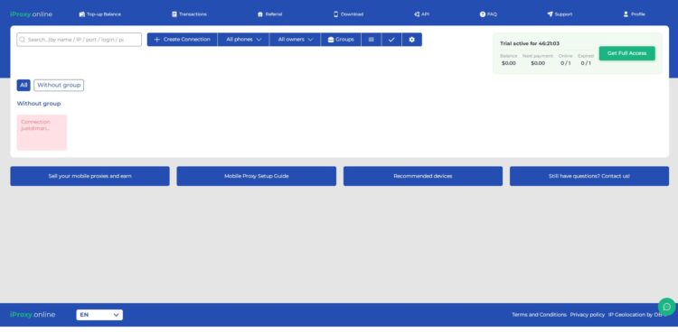 Дашборд личного кабинета сервиса iproxy.online