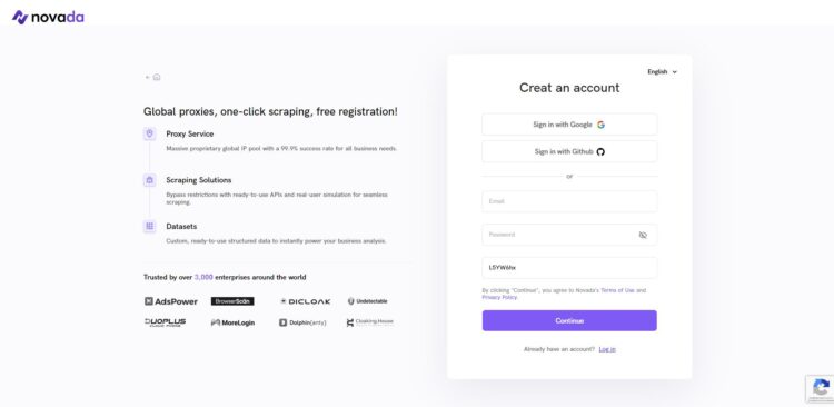 Форма регистрации для новых пользователей Novada.com