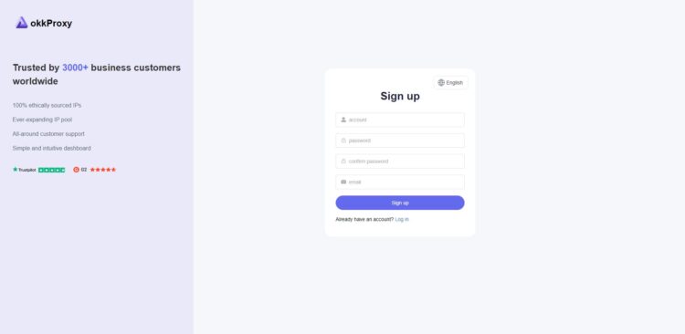 Форма регистрации для новых пользователей okkproxy.com