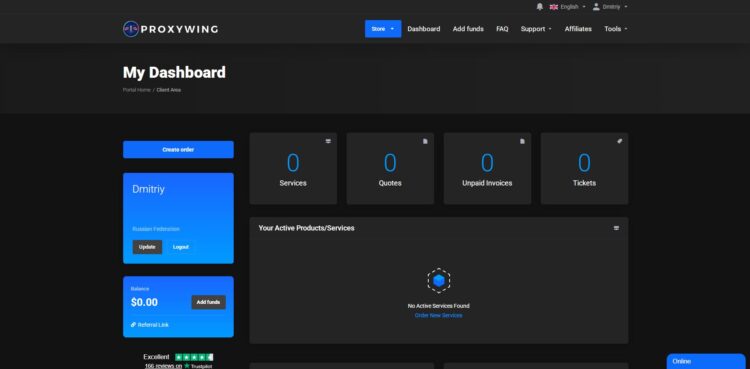 В дашборде личного кабинета proxywing.com будут отображаться все купленные прокси