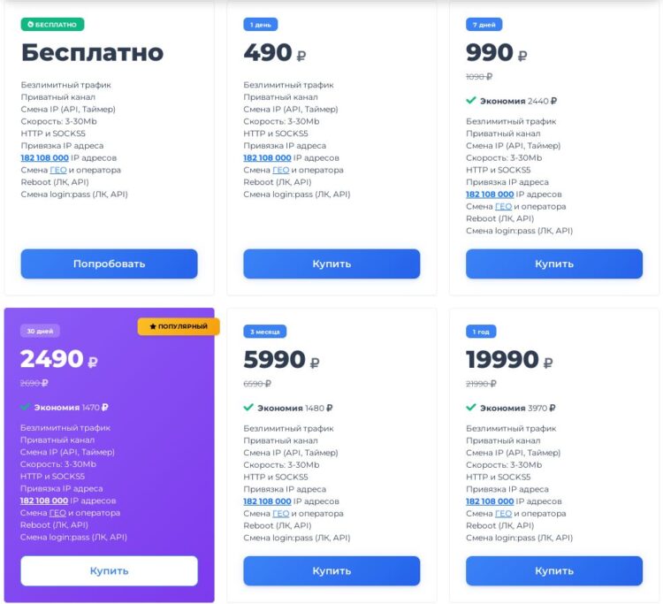 Тарифы мобильных прокси в mobileproxy.space с российскими IP