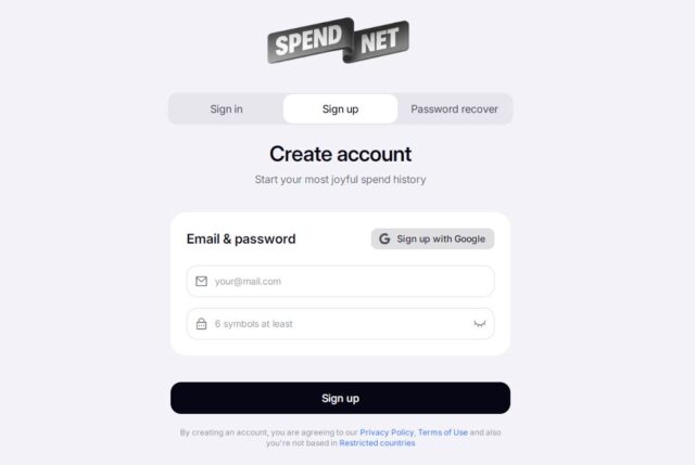 Форма регистрации для новых пользователей Spend.net